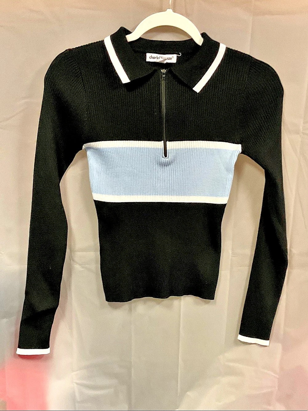 Charlotte Russe Color Block Half-Zip Top in Black & Blue Size Small Like New